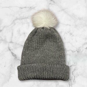 Handmade Gray Knit Beanie with White Faux Pom